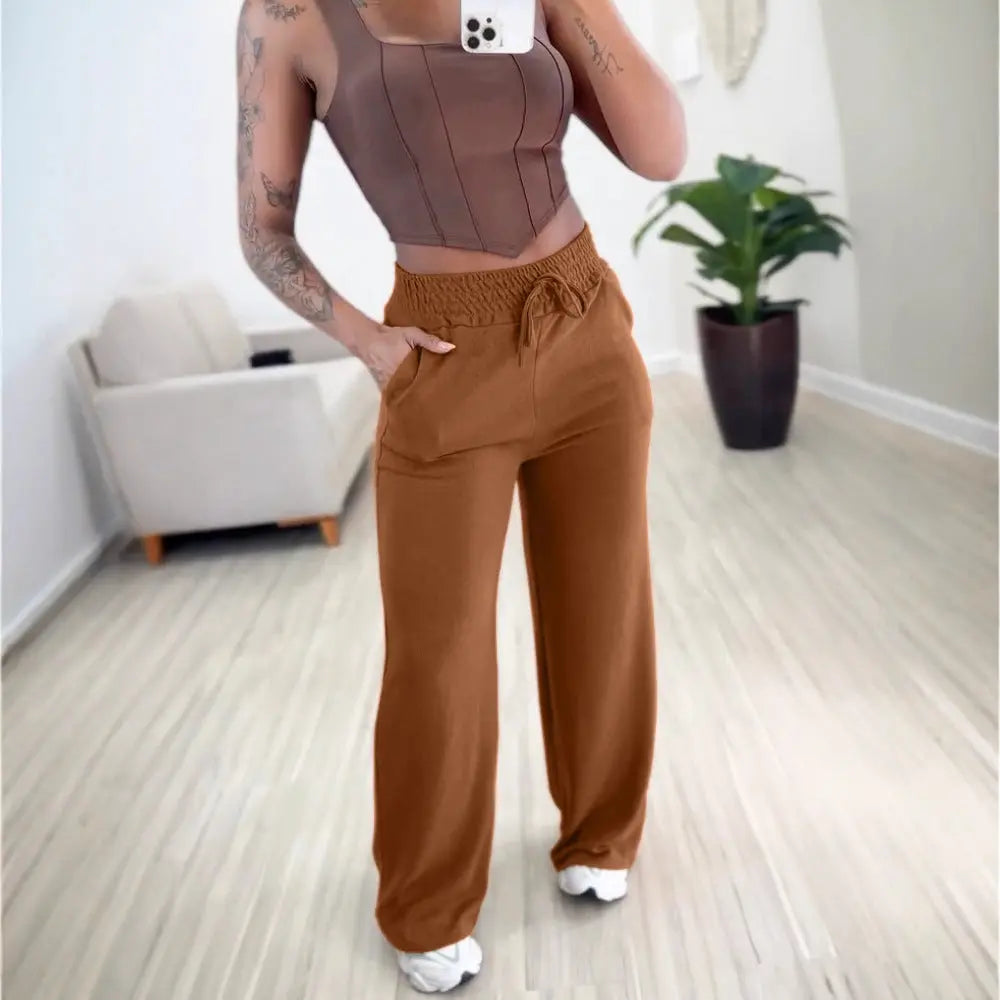 Solid Color High Waist Lace-up Elastic Waist Trimming Casual Trousers Lady T Fashions