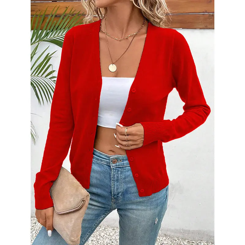 Women's Long Sleeve V-Neck Button Down Cardigan Knit Shrugs Sweater Lady T Fashions