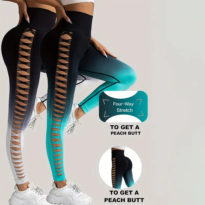 2 Pack Cut Out Ombre Gradient Color Hollow High-waist Butt-lifting Fitness Women's Yoga Pants, Women's High Waist Yoga Pants Cutout Ripped Super Soft And Comfortable Skinny Lady T Fashions