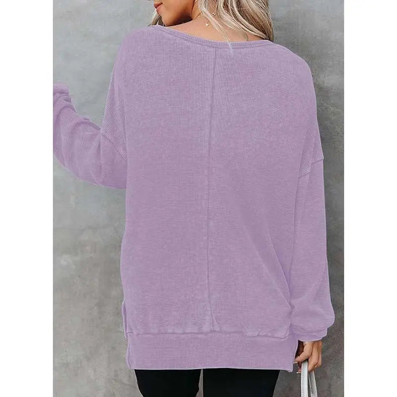 Womens Waffle Knit Crewneck Sweatshirts Long Sleeve Side Slits Casual Pullover Sweatshirt Tops Lady T Fashions