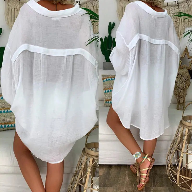 Plus Size Women's Solid Color Notch Lapel Long Sleeve Dress With Button Front Sheer Lightweight Midi Dress For Summer Lady T Fashions