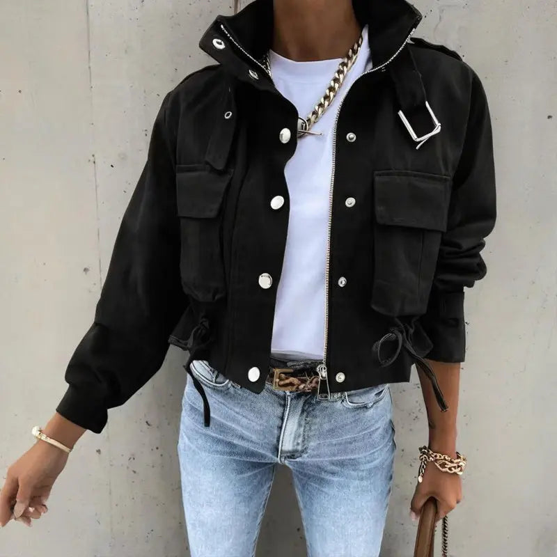 Women's Stand Collar Long Sleeve Jacket With Button & Zipper Closure - Two Large Pockets & Drawstring Hem Casual Short Jacket For Spring&Fall Lady T Fashions