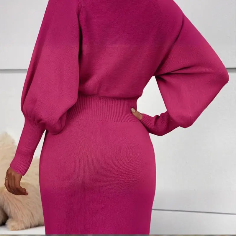 Women's Solid Color Round Neck Lantern Sleeve Bodycon Dress - Elastic Waist Knee-Length Knit Dress Lady T Fashions