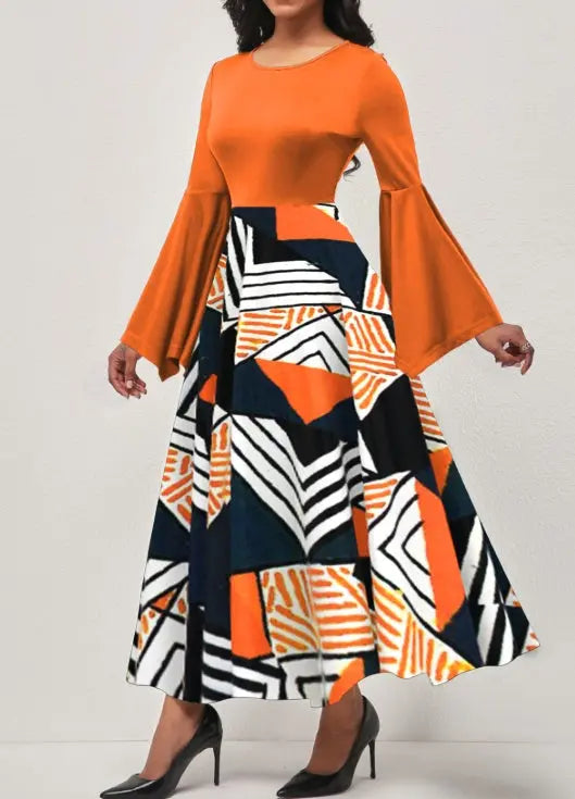 Ladies' Round Neck Printed Irregular Cuff Design Fashionable Dress Lady T Fashions