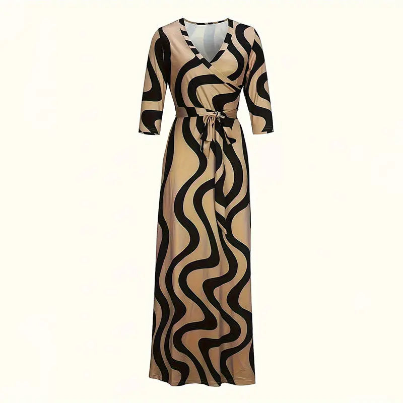 Women's V-Neck Elegant Half-Sleeve Belted Waist Print Maxi Dress For Spring&Summer Dress Lady T Fashions