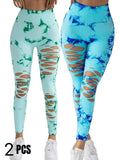 2 Pack New Style Hollow-Out Tie-Dye High-Waisted Tummy-Control Yoga Pants Lady T Fashions