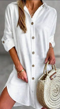 Women'S Simple Button-Down Casual Long Sleeved Shirt Dress Relaxing Resort Style Adjust Sleeve Length Shirt Dress Lady T Fashions