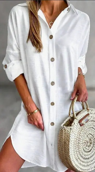 Women'S Simple Button-Down Casual Long Sleeved Shirt Dress Relaxing Resort Style Adjust Sleeve Length Shirt Dress Lady T Fashions