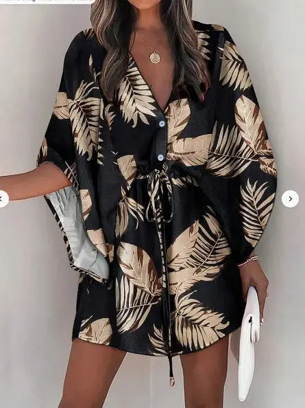 Women's Printed Batwing Sleeve Dress With Botanical Design Lady T Fashions