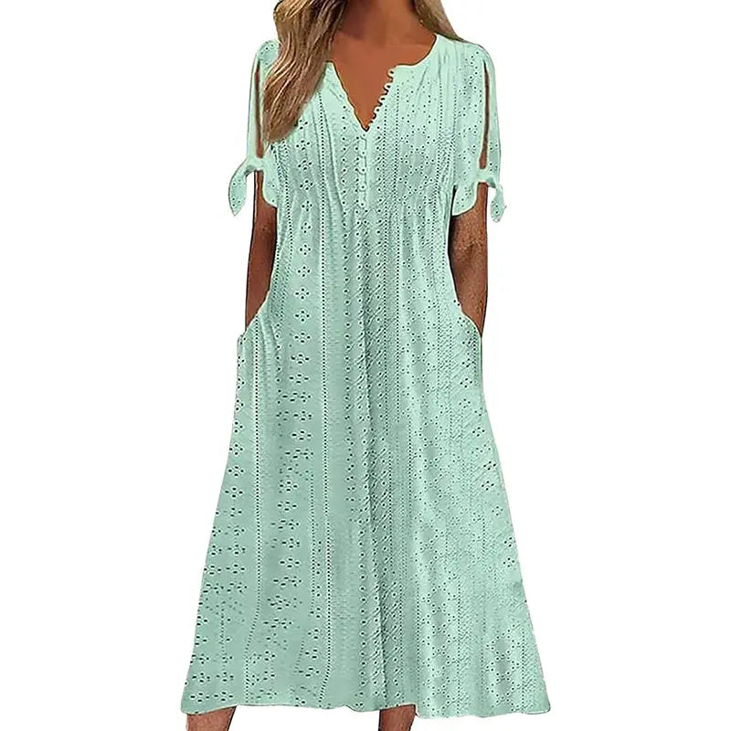 Women's Eyelet V-Neck Maxi Dress Short Sleeve Flowy A-Line Summer Beach Dress Lady T Fashions