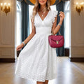 Women's Solid Color V-Neck Lace Short Sleeve Dress With Elastic Waist - A-Line Flowy Midi Dress For Summer Vacation Lady T Fashions