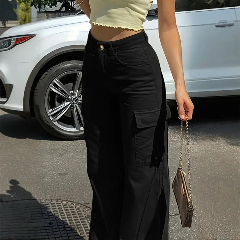 Women's Solid Color Wide Leg Pants With 4 Pockets - Button & Zip Front Casual Trousers For Spring&Fall Lady T Fashions