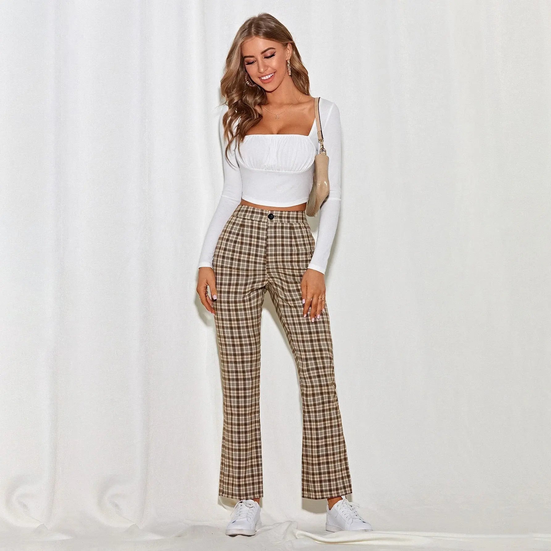 Mid-rise Plaid Print Temperament Commuting Literary Style Slightly Flared Wide-leg Pants Trousers Casual Pants Lady T Fashions