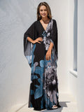 Plus Size Floral Print Dress - Elegant V-Neckline, Flowy Batwing Sleeves, Effortless Casual Style - Designed for Plus-Size Women, Ideal for Ramadan Celebrations and Everyday Wear Lady T Fashions