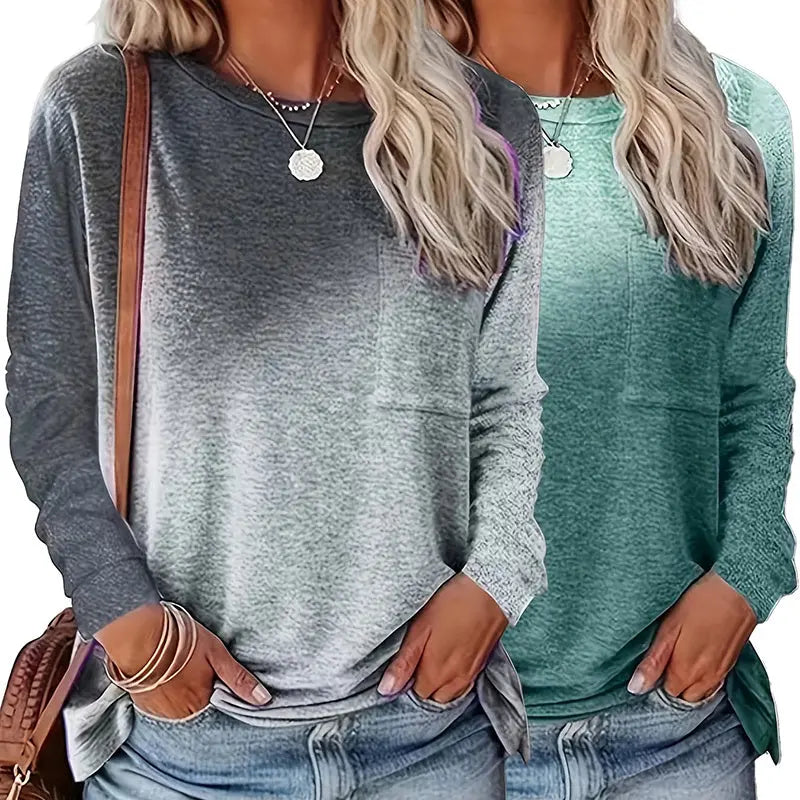Women's 2Pack Tops Spring Fall Casual Gradient Color Round Neck Long Sleeve T Shirt Blouse Lady T Fashions