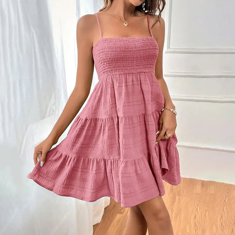 Women's Spaghetti Strap Sleeveless Smocked A-Line Swing Mini Dress, Elegant Casual Summer Dress Lady T Fashions