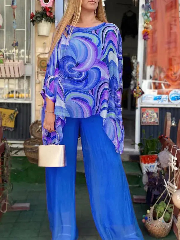 Summer New Colorful Chiffon Suit Casual Round Neck Printed Two-piece Suit Lady T Fashions