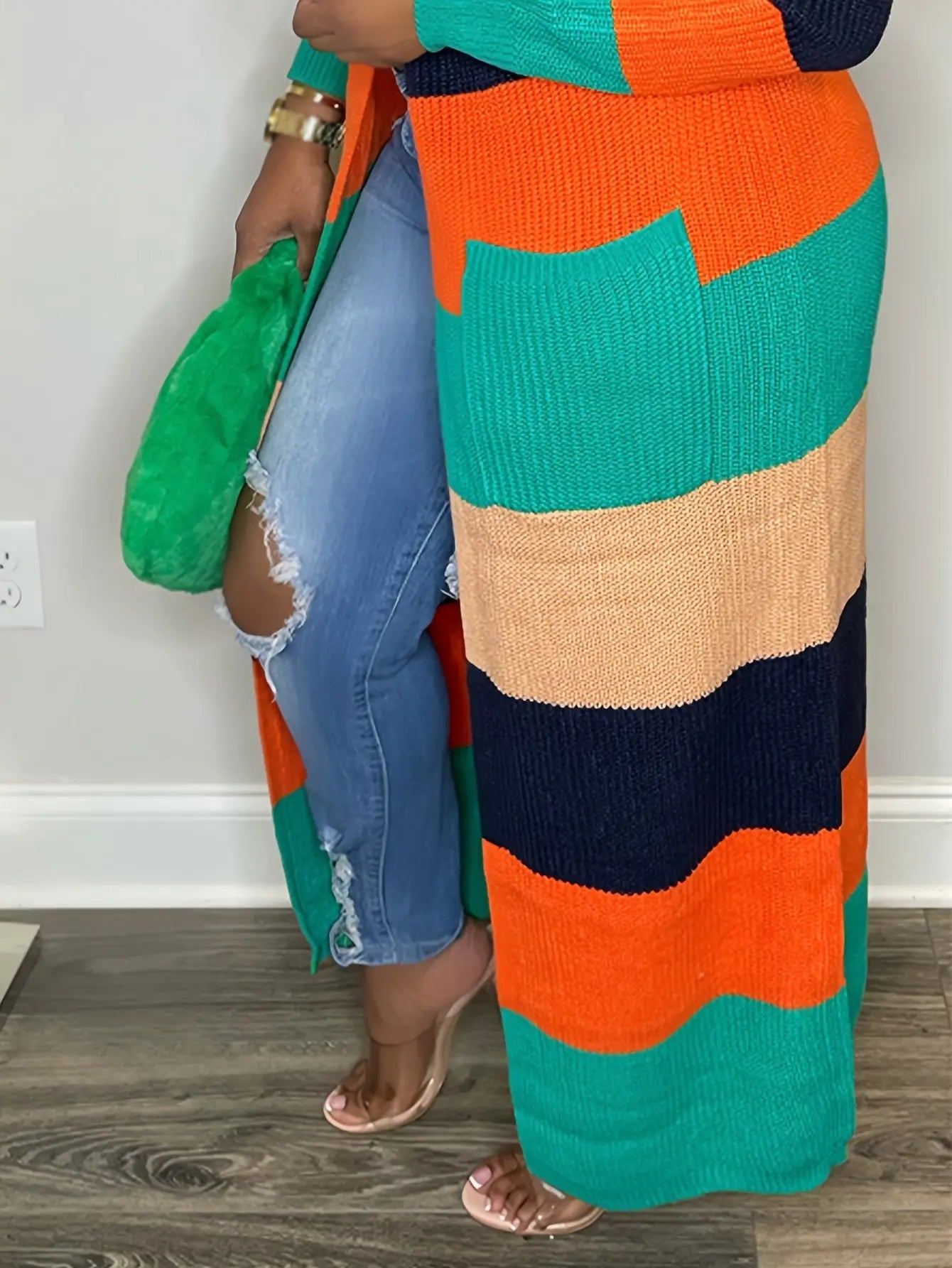 Plus Size Cozy Colorblock Striped Cardigan - Soft Knitted Fabric, Long Sleeves, Open Front Design, Perfect for Casual Daily Wear - Designed for Plus Size Women, Womens Fashion Clothing Lady T Fashions