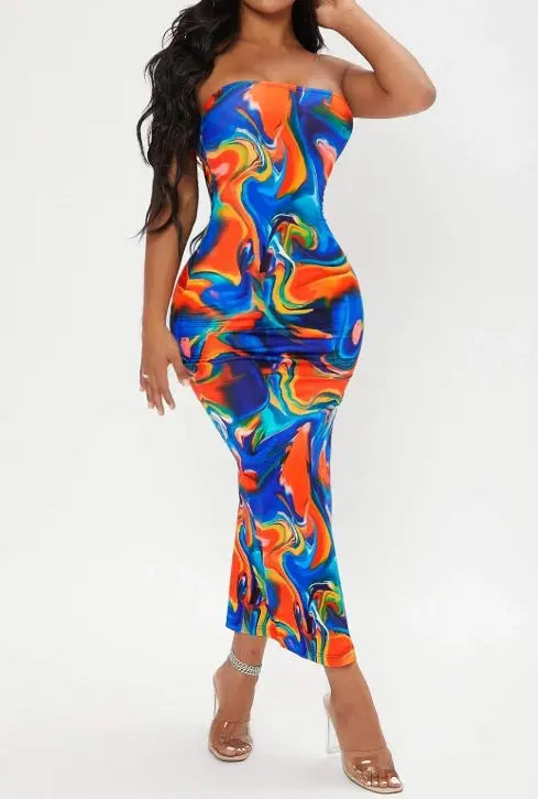 Ladies' Printed Strapless Side Slit Slim Fit Dress With Slimming Effect And Hip Hugging Design Lady T Fashions