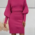 Women's Solid Color Round Neck Lantern Sleeve Bodycon Dress - Elastic Waist Knee-Length Knit Dress Lady T Fashions