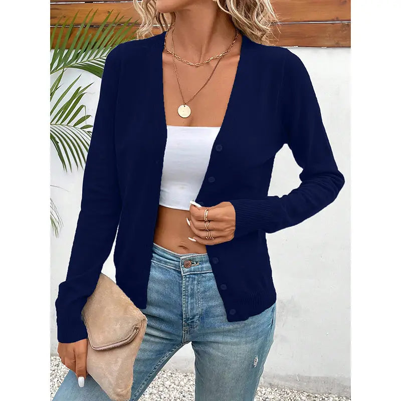 Women's Long Sleeve V-Neck Button Down Cardigan Knit Shrugs Sweater Lady T Fashions