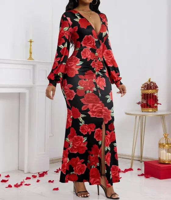Ladies' V-neck Floral Print Fashionable Hip Hugging Dress Lady T Fashions