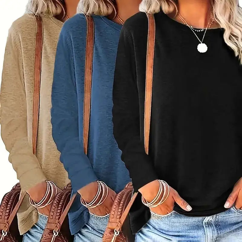 3 Pack Women's Solid Color Casual Set Round Neck Long Sleeve Tops For Spring&Fall Lady T Fashions