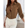 Womens Button Down Shirts V Neck Rolled Up Long Sleeve Tops Elegant Dressy Blouses Business Casual Outfits Lady T Fashions