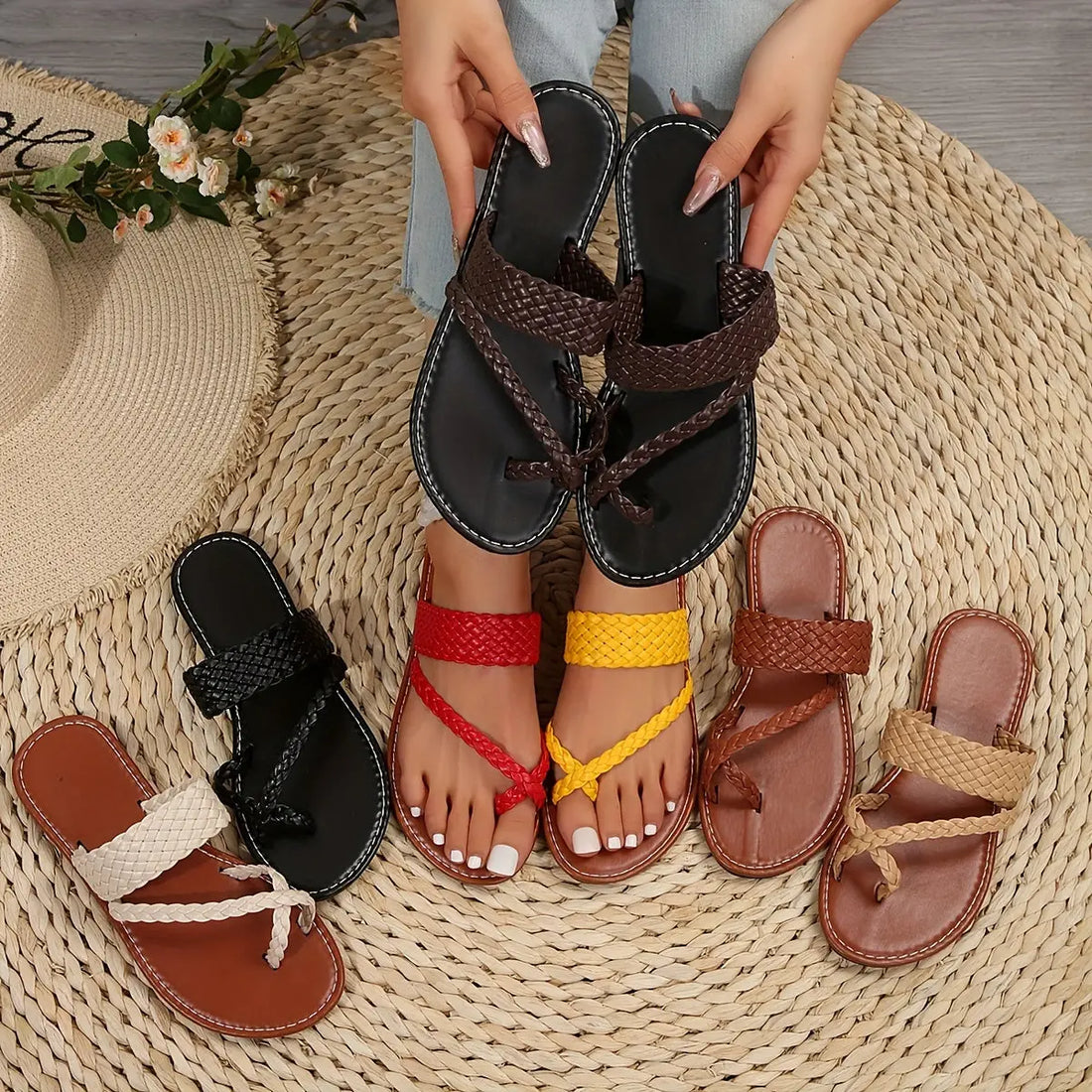 Women's Flat Slide Sandals, Toe Loop Braided Band Slip On Shoes, Casual Beach Slides Lady T Fashions