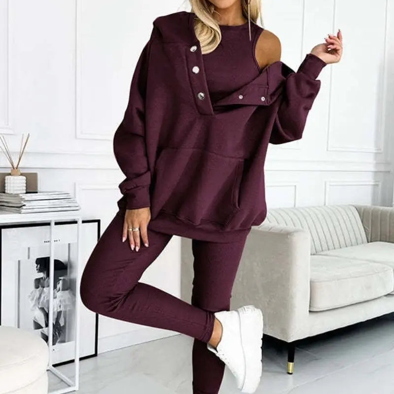 Athleisure Hoodie With Thick Thread Slim-fit Vest Pants Three Pieces Set Lady T Fashions
