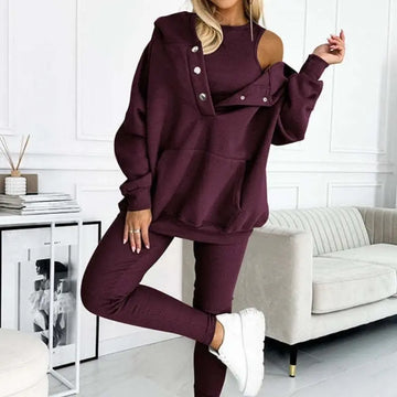 Athleisure Hoodie With Thick Thread Slim-fit Vest Pants Three Pieces Set Lady T Fashions