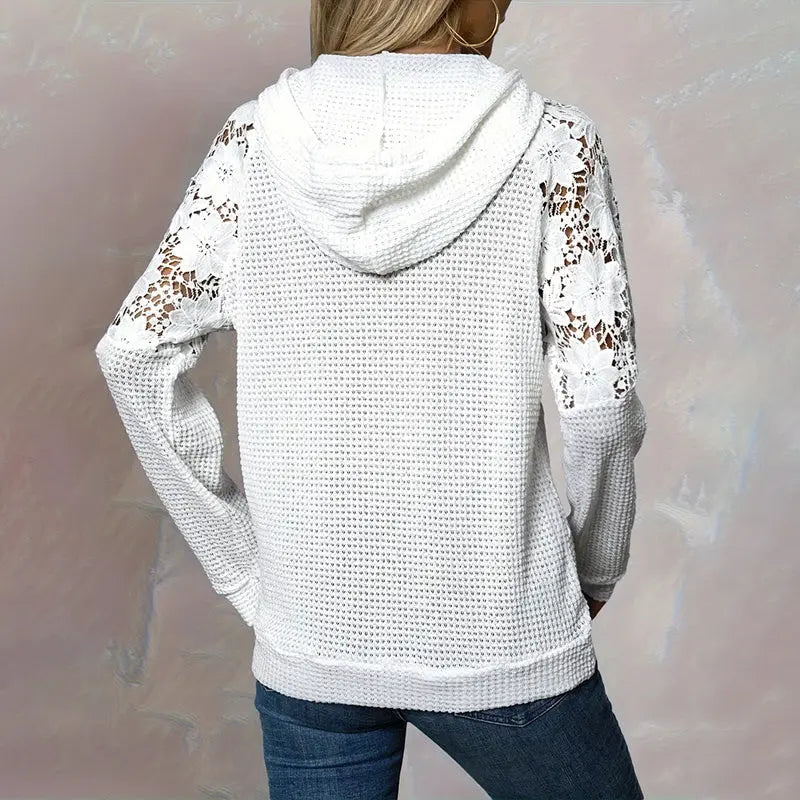 Women's Solid Color Casual Hooded Sweatshirt With Lace-Trimmed Sheer Sleeves & Large Lace Pockets, Pullover Hoodie Lady T Fashions