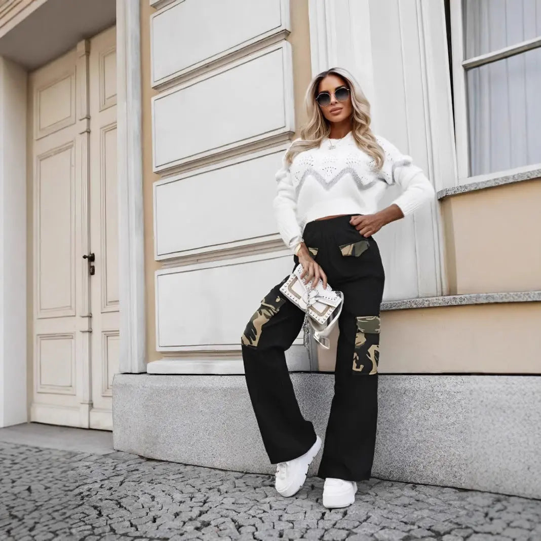 High Street Fashionable Overalls Pocket Camouflage Stitching Trousers Lady T Fashions