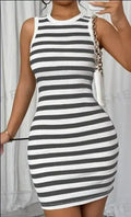 Relaxiva Round Collar Striped Tank Bodycon Sleeveless Mini Dress Lady T Fashions