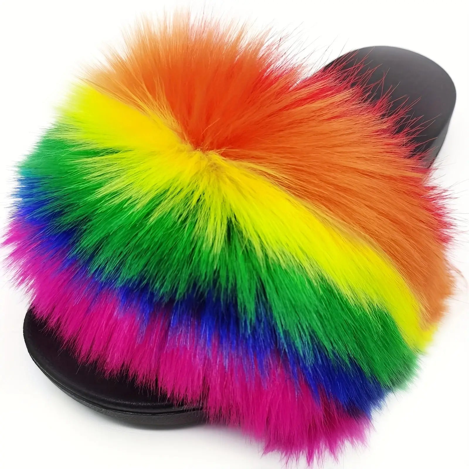 Women's Rainbow Fur Slippers, Comfortable Open Toe Slip On House Shoes, Women's Fashion Slippers Lady T Fashions