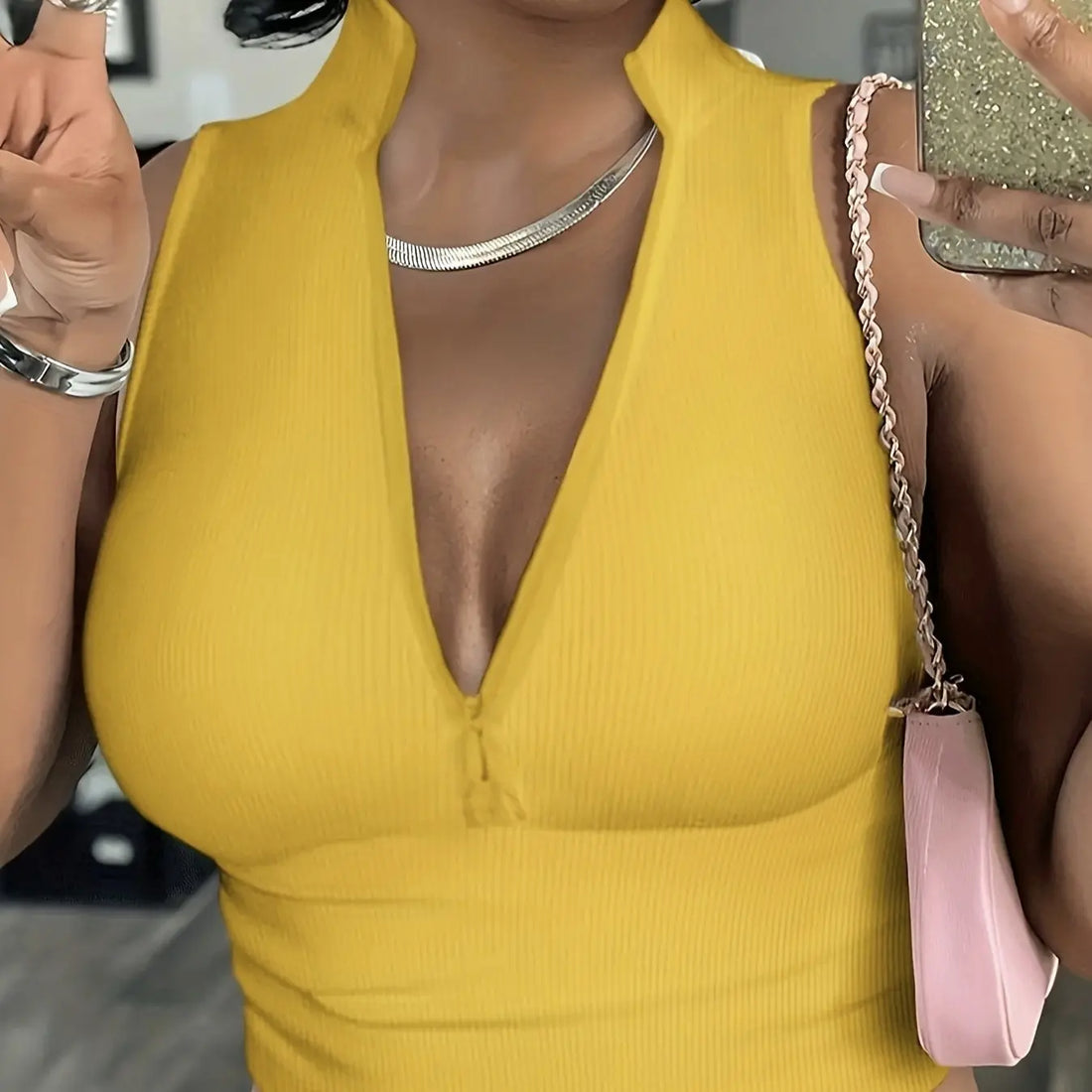 Women's Solid Color Ribbed Knit Short Zipper Design Off Shoulder Stand Up Collar Vest Top Lady T Fashions