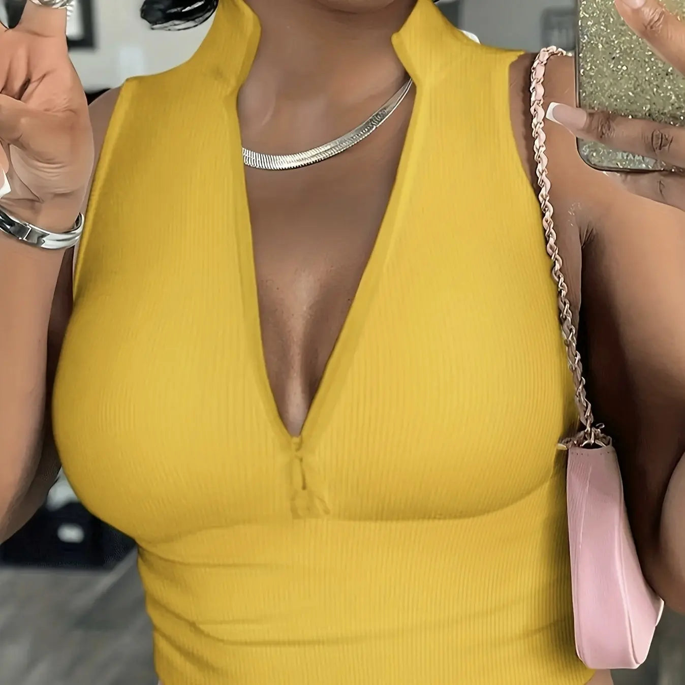 Women's Solid Color Ribbed Knit Short Zipper Design Off Shoulder Stand Up Collar Vest Top Lady T Fashions