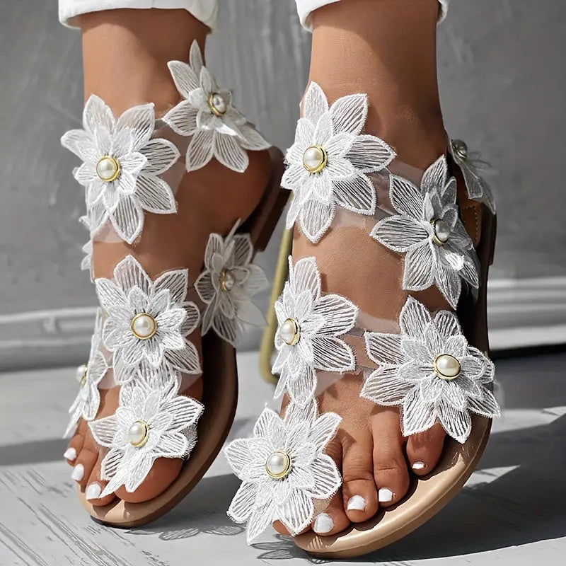 [Flowers Flat Women's Sandals] Women's Flowers Flat Sandals, Fashion Toe Loop Faux Pearl Slip On Shoes, Casual Beach Travel Sandals Lady T Fashions