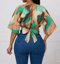 Ladies' Round Neck Printed Waist Cinched Shirt Top Lady T Fashions