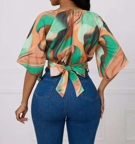 Ladies' Round Neck Printed Waist Cinched Shirt Top Lady T Fashions