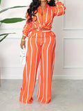 [Two-piece Set Long Sleeve Shirt] Striped Print Two-piece Set, Button Front Collar Long Sleeve Shirt & High Waist Wide Leg Loose Pants Set, Women's Clothing Lady T Fashions