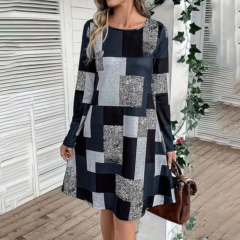 Women's Round Neck Long Sleeve Dress - Digital Print Casual Elegant Spring & Fall Dress Lady T Fashions