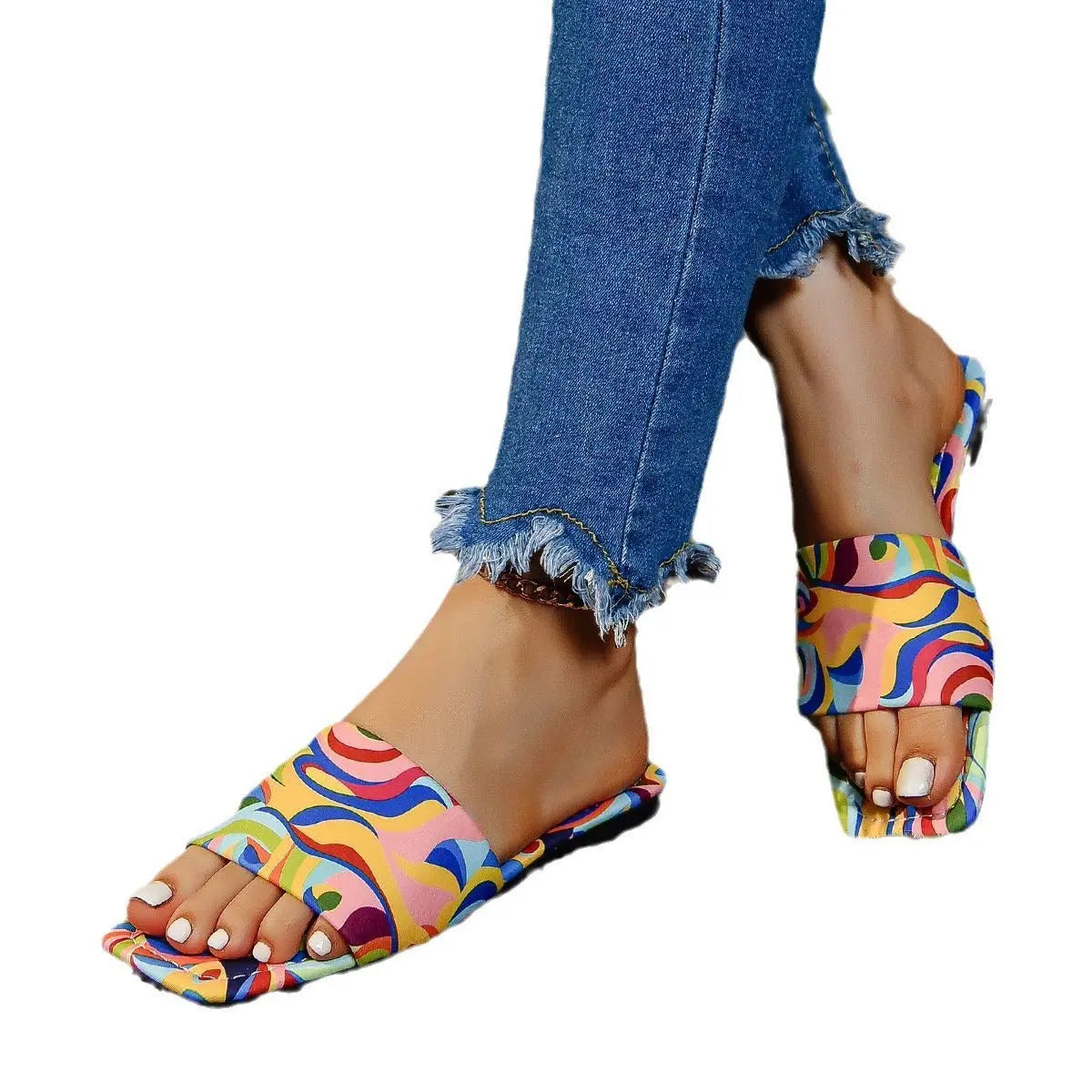 Graffiti Flat Slippers Outdoor Candy Color Square Toe Beach Sandals Lady T Fashions