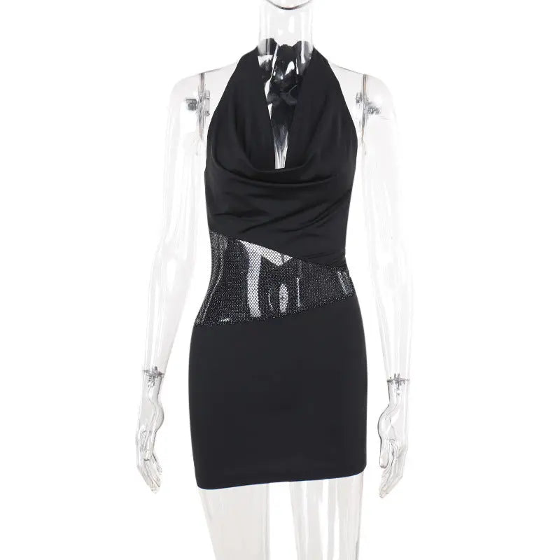 Sexy Slim Deep U-neck Dress With Sequin Mesh Patchwork Design Ins Fashion Halter Short Dresses Women's Clothing Lady T Fashions