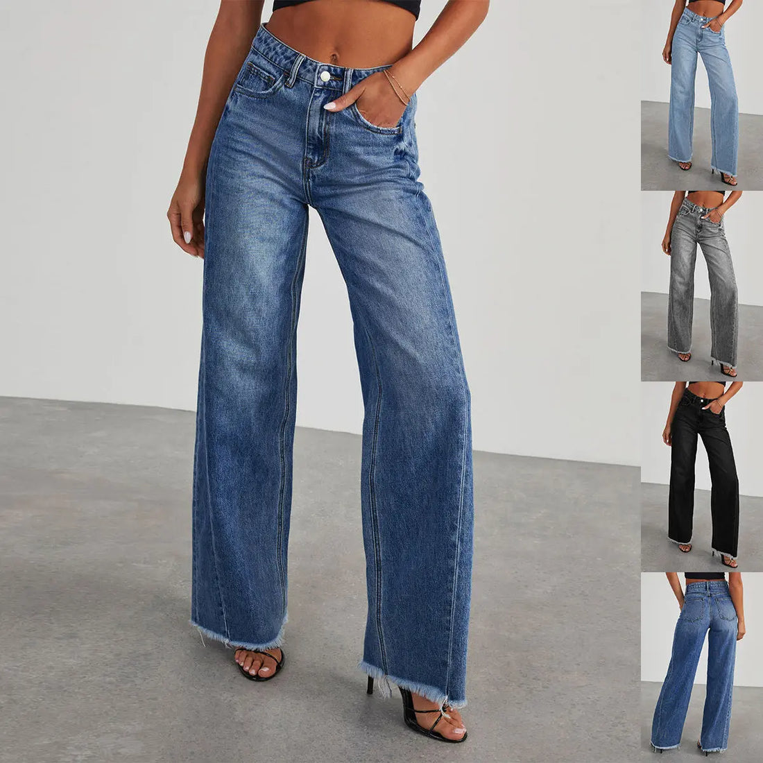 Fashion High Waist Jeans With Pockets Comfortable Slim Fit Straight Wide-leg Pants Womens Clothing Lady T Fashions