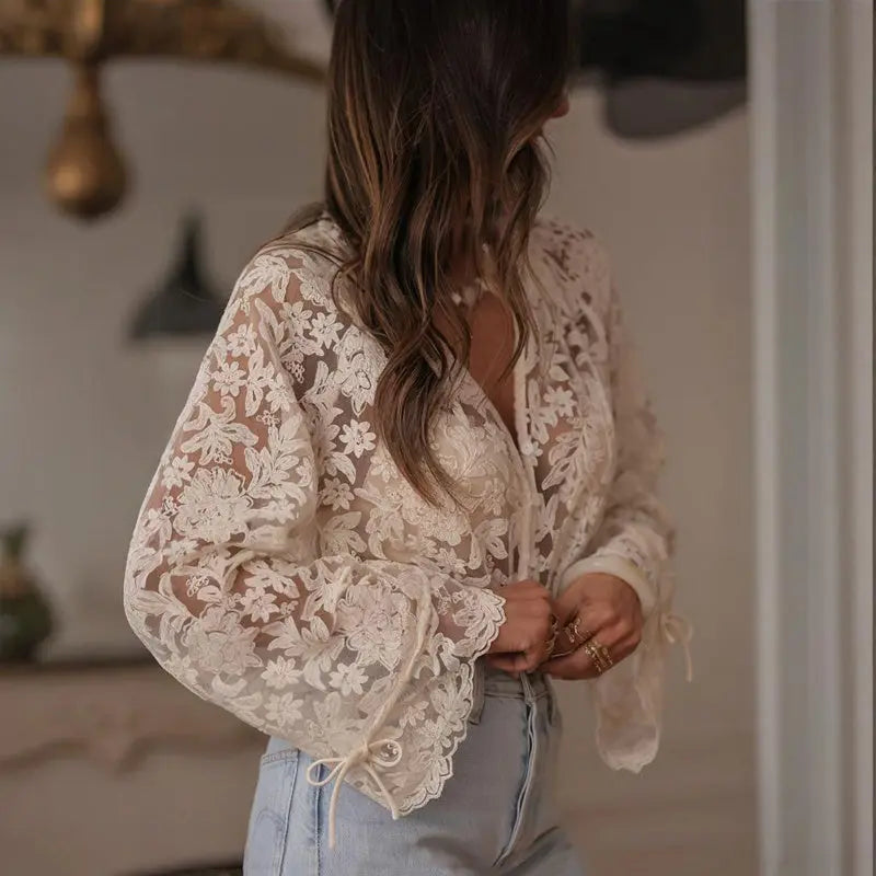 Women's Solid Color V-Neck Long Sleeve Blouse Floral Lace Embroidery Ruffled Neckline & Cuffs Drawstring Sleeves Button Front Semi-Sheer Elegant Summer Top Lady T Fashions