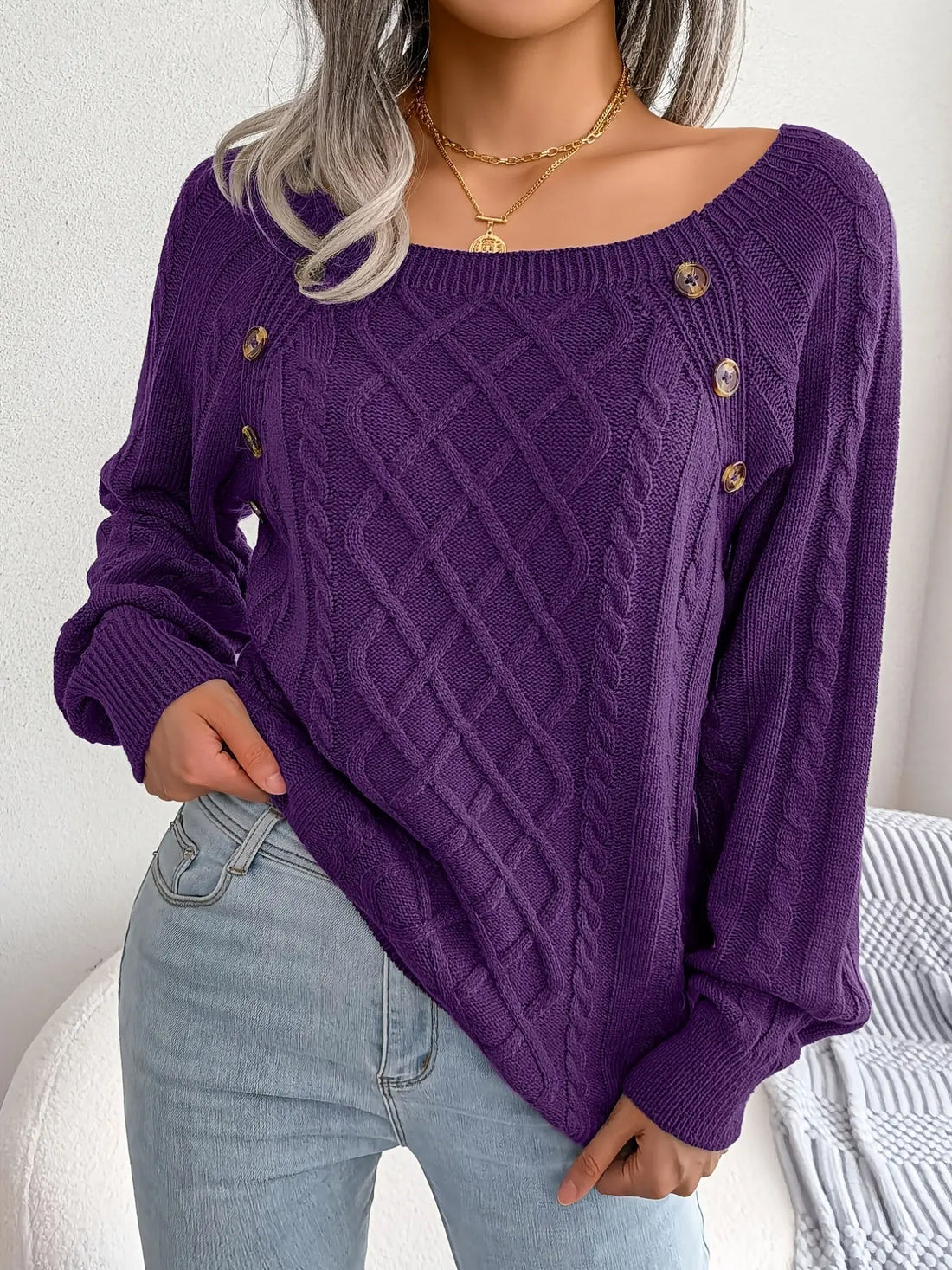 Texture Button Lantern Sleeve Sweater - Women's Round Neck Sweater Lady T Fashions