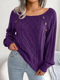 Texture Button Lantern Sleeve Sweater - Women's Round Neck Sweater Lady T Fashions