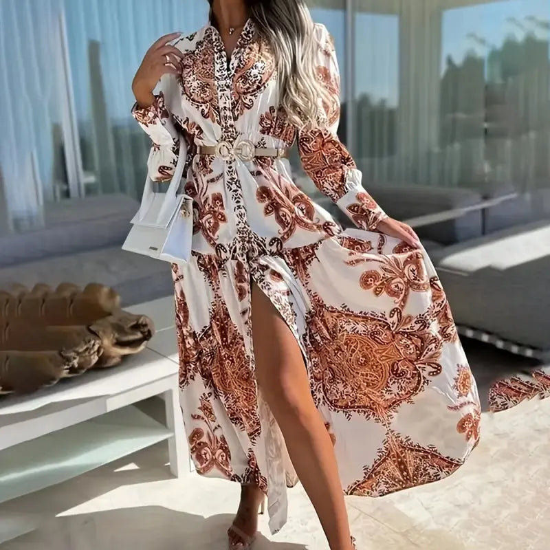 Women's Bohemian Flowy Maxi Dress - Charming V-Neck With Bell Sleeves, Bold Printed Pattern, Side Slit Design Lady T Fashions