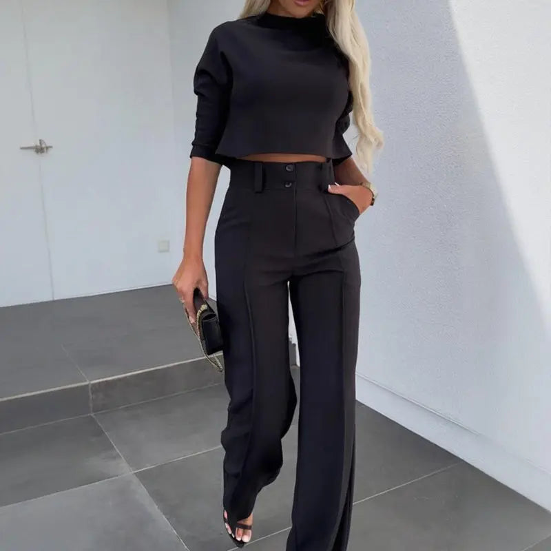 Women's Elegant Solid Color Half Sleeve Short Top With Straight Leg Pants Two-Piece Office Wear Suit With Pockets Lady T Fashions